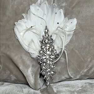 Whittall & Shon Fascinator Headband - White Feathers w/ Cascade of Rhinestones